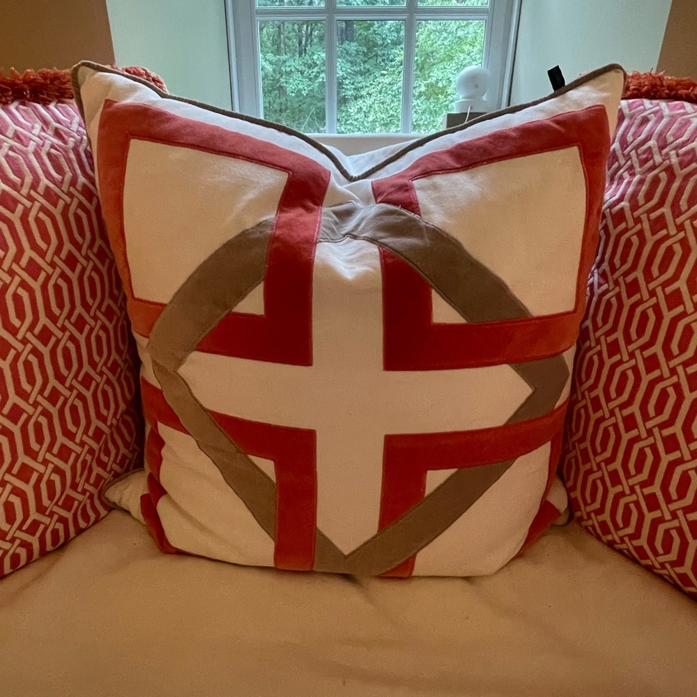 Pillow with orange and tan velvet 24x24